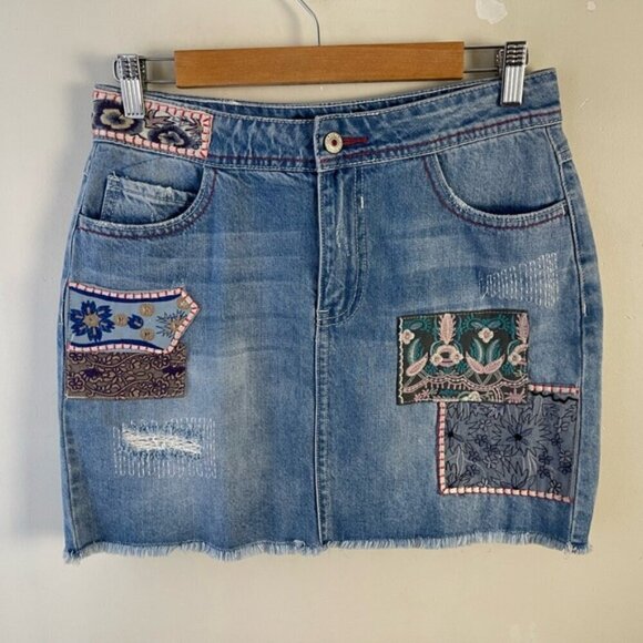 Desigual patchwork boho raw hem jean mini skirt size 28 - Picture 5 of 14